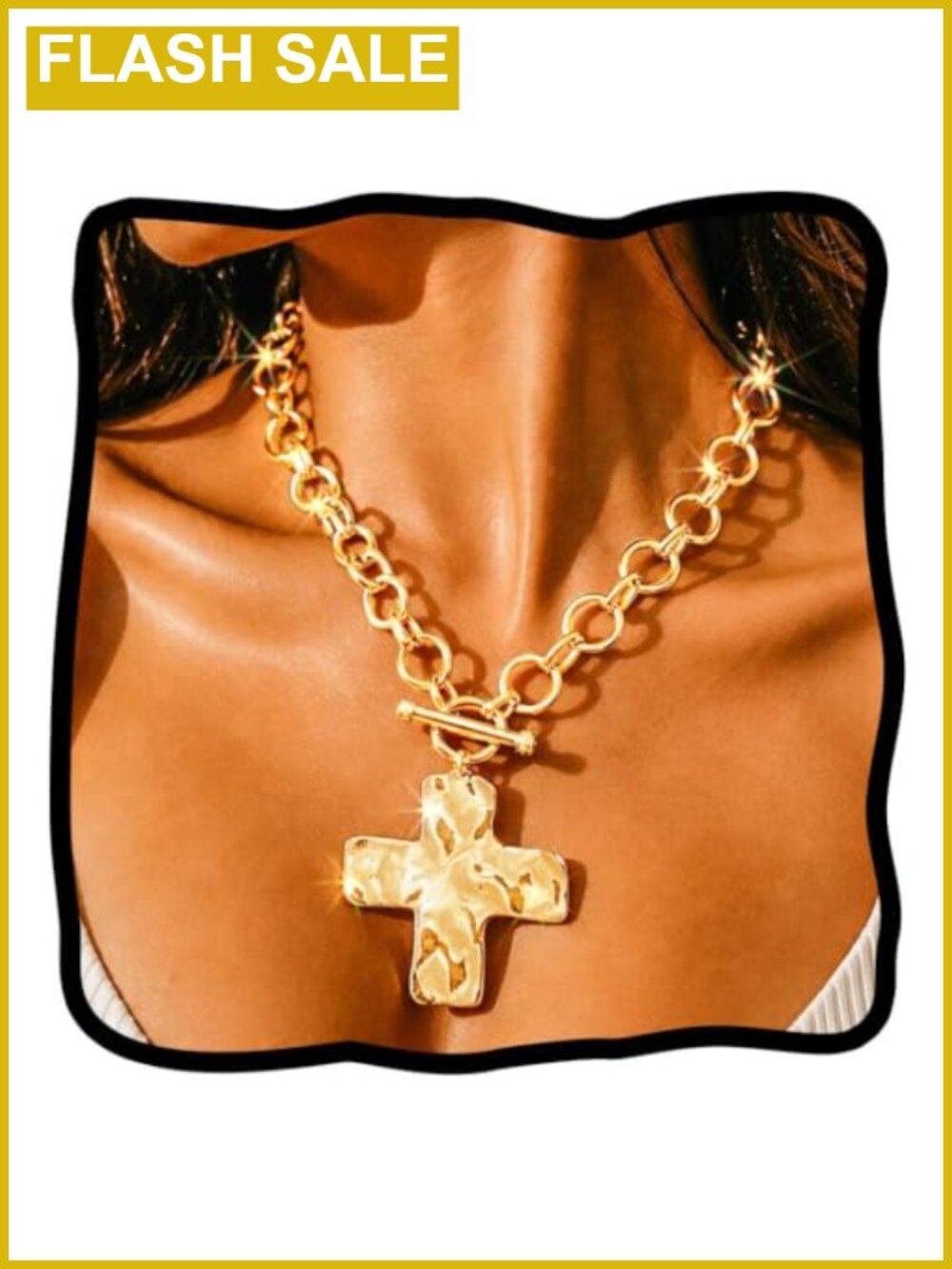 Gold Plated Chunky Cross Pendant Necklace Toggle Clasp Punk Jewelry for Women